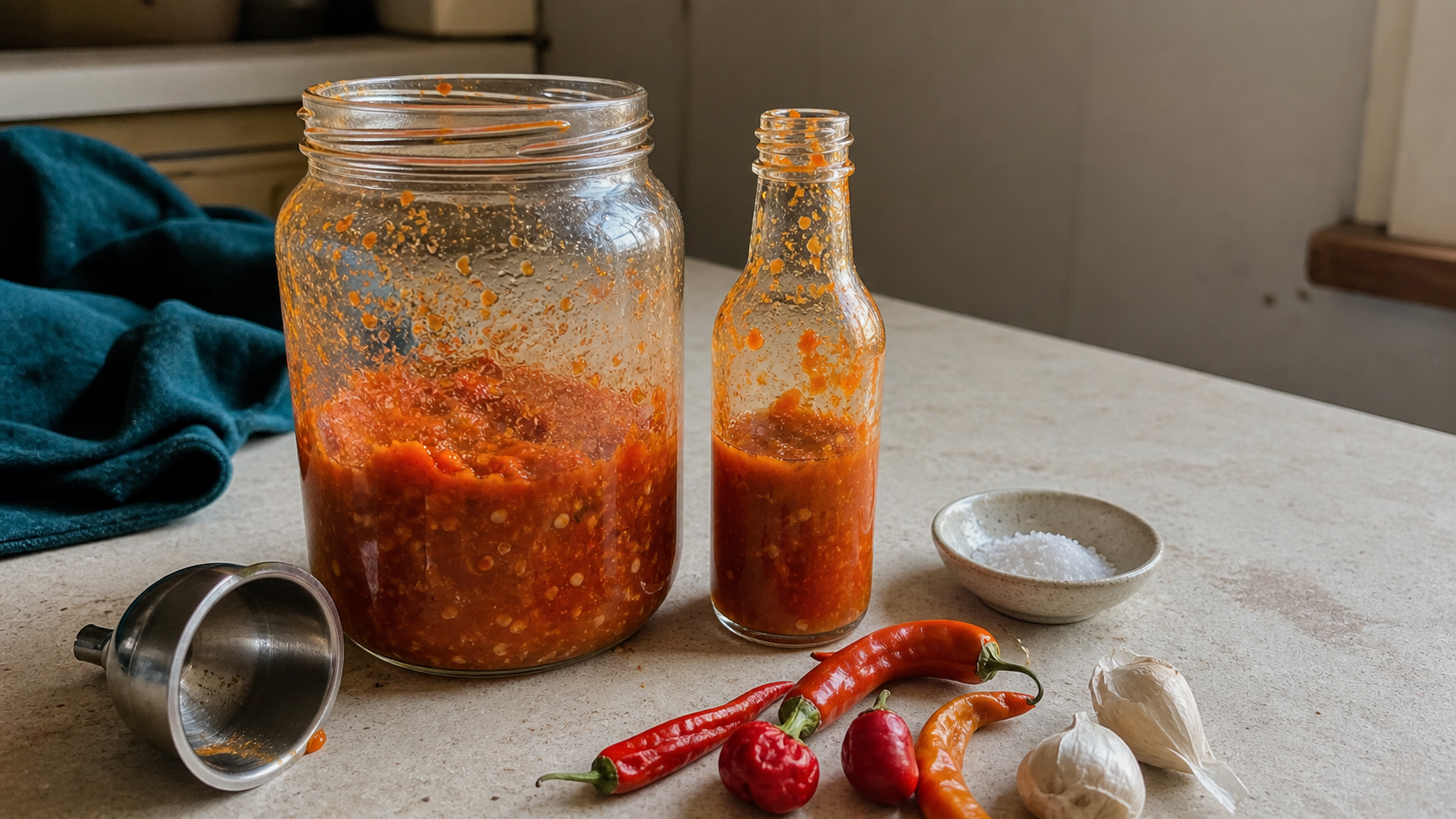 Bottled homemade fermented hot sauce with fresh chilis