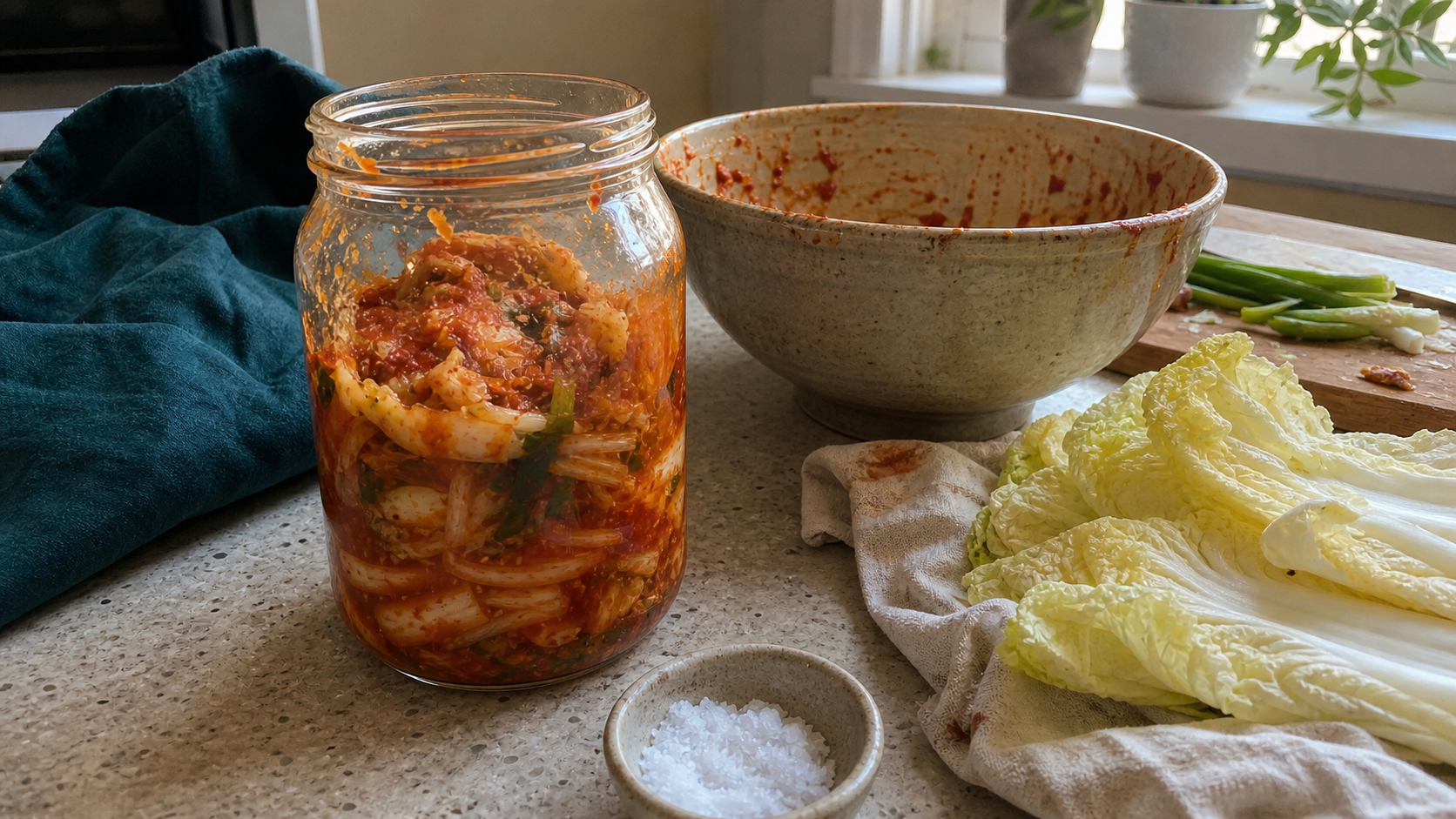 Jar of freshly packed napa kimchi