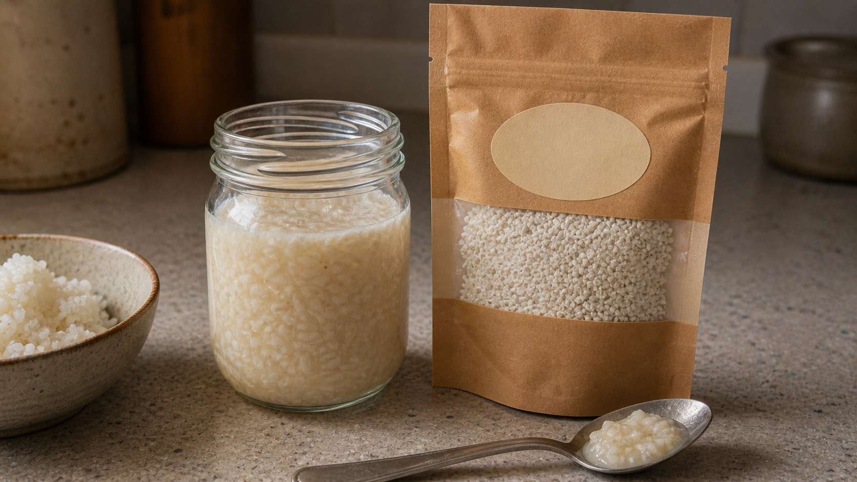 Jar of amazake beside a small packet of koji spores