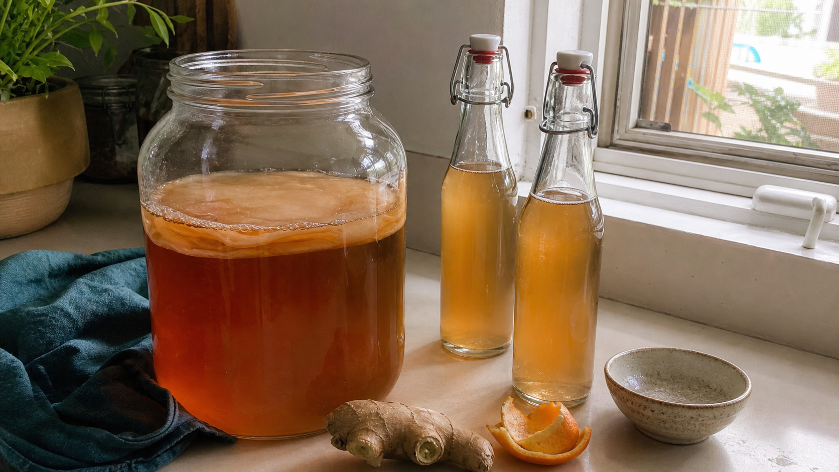Bottles of flavoured kombucha with a SCOBY in the background