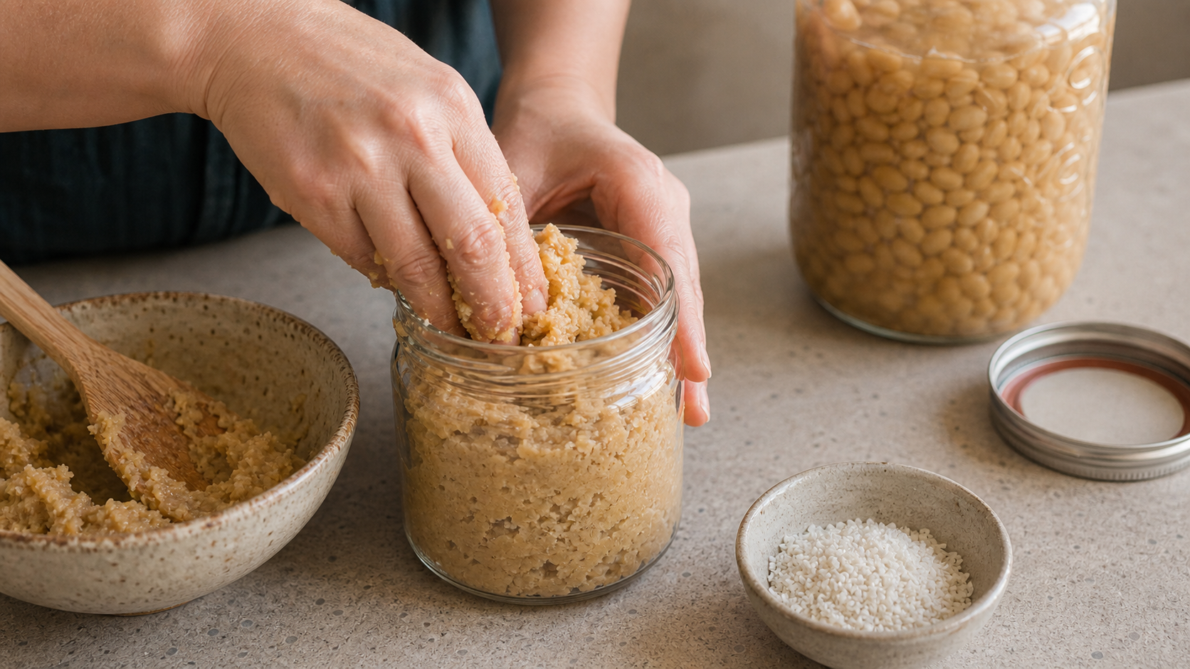 Hands packing miso paste into a glass jar