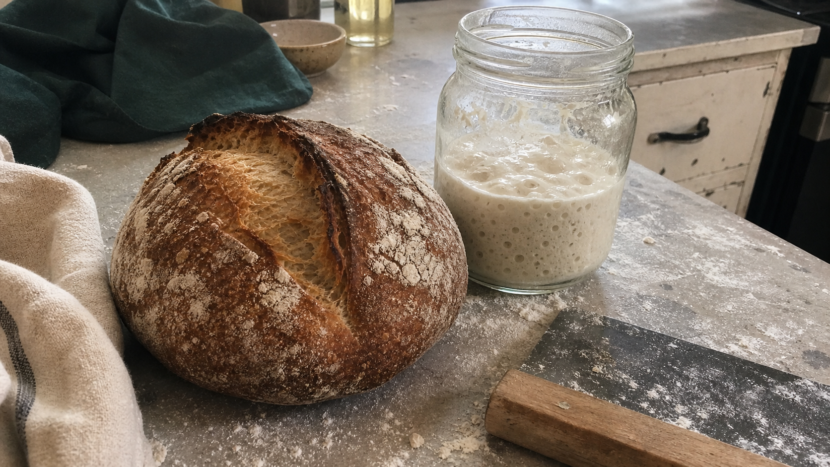 Close-up of a freshly baked sourdough loaf with a scored crust