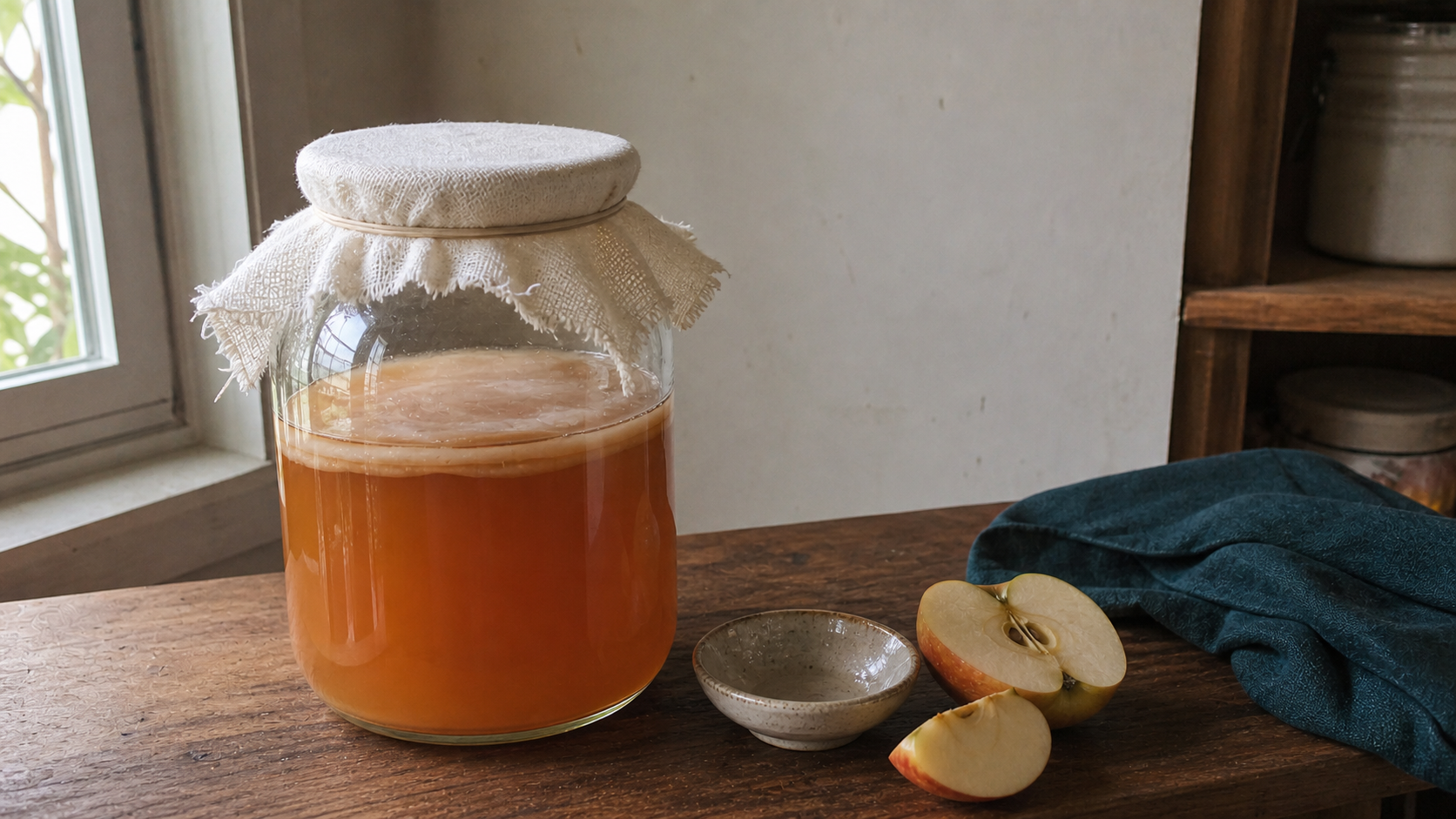 Glass vessel of homemade vinegar with a vinegar mother